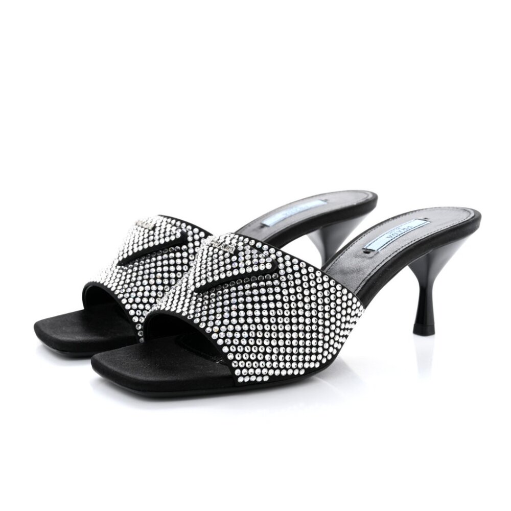 Prada Logo Slide Sandals Satin Crystal Embellished Kitten Heels Black